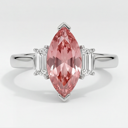 Marquise Padparadscha and White Baguette Three Stone Ring Natural Platinum