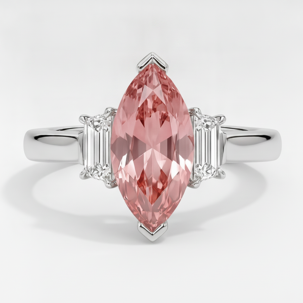 Marquise Padparadscha and White Baguette Three Stone Ring Natural Platinum