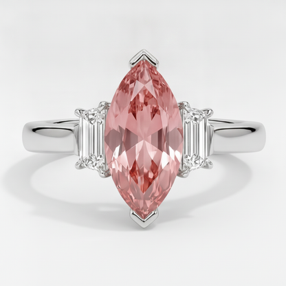 Marquise Padparadscha and White Baguette Three Stone Ring Natural Platinum