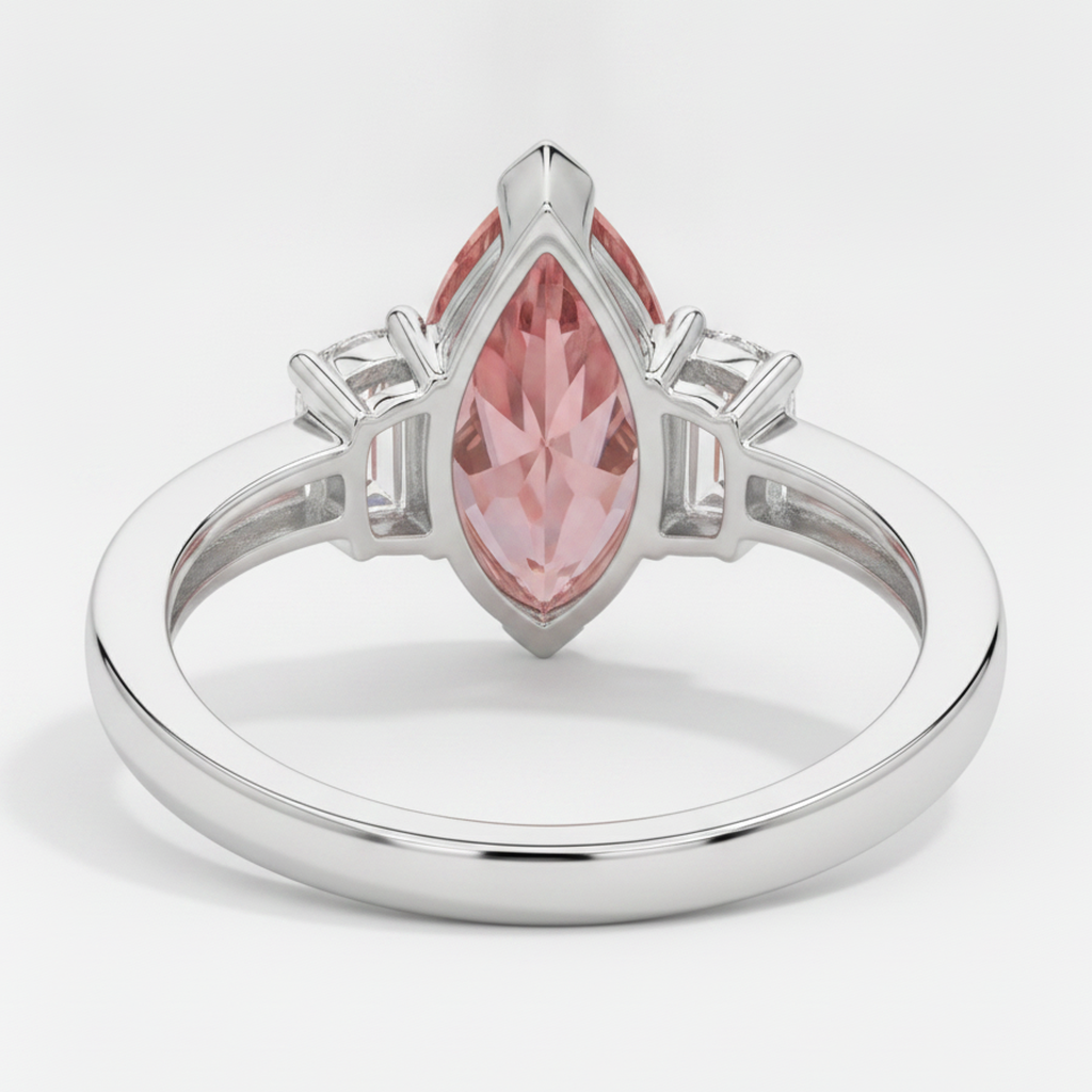 Marquise Padparadscha and White Baguette Three Stone Ring Natural Platinum