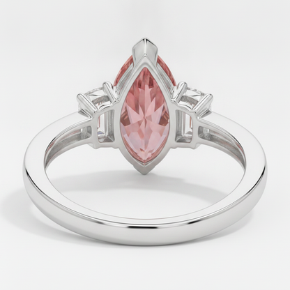 Marquise Padparadscha and White Baguette Three Stone Ring Natural Platinum