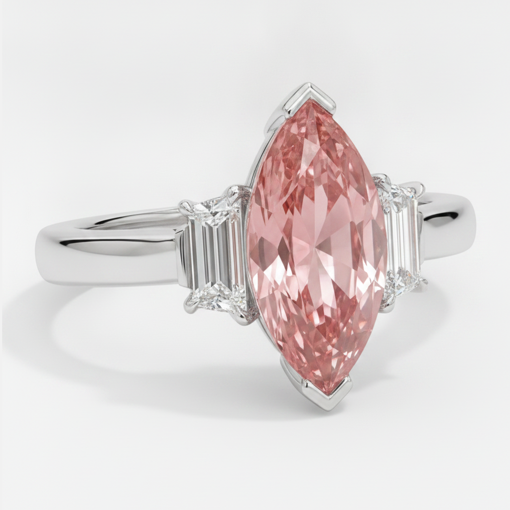Marquise Padparadscha and White Baguette Three Stone Ring Natural Platinum