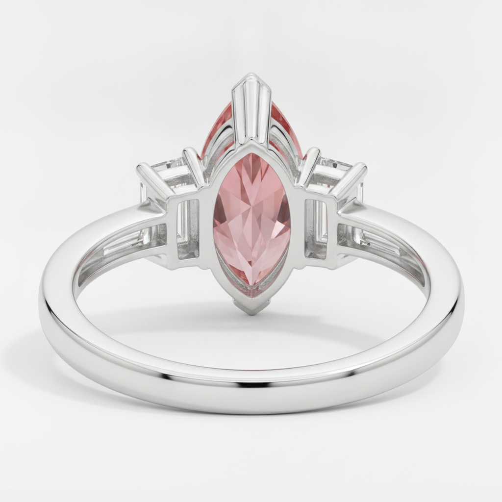 Marquise Padparadscha and White Baguette Three Stone Ring Natural Platinum