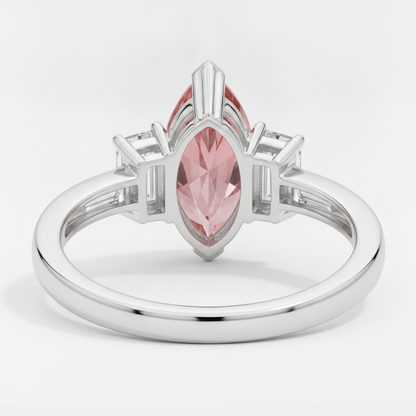 Marquise Padparadscha and White Baguette Three Stone Ring Natural Platinum