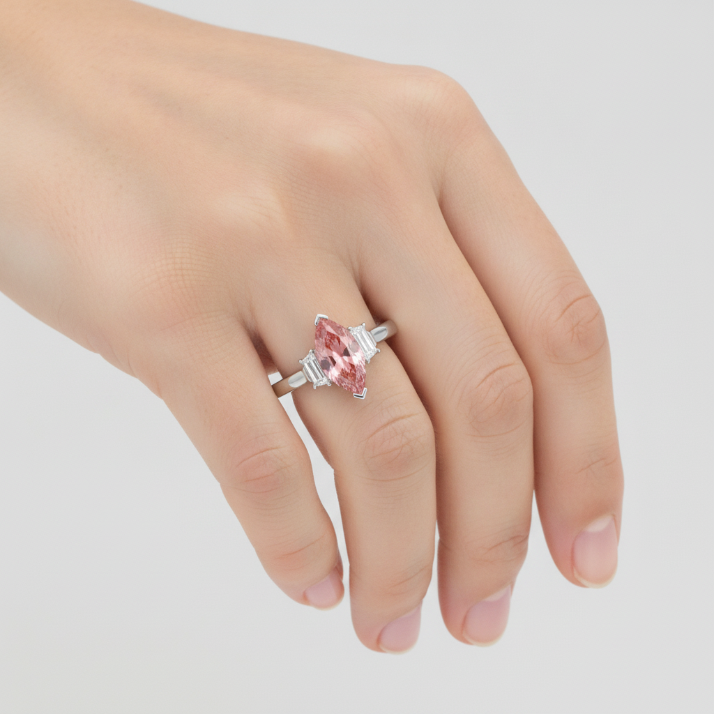 Marquise Padparadscha and White Baguette Three Stone Ring Natural Platinum