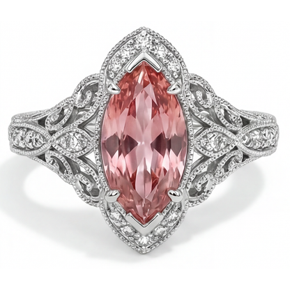 Marquise Padparadscha and White Diamond Halo Ring Natural 14K White Gold