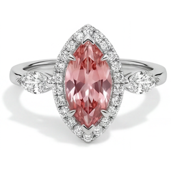 Marquise Padparadscha and White Diamond Halo Ring Natural 14K White Gold