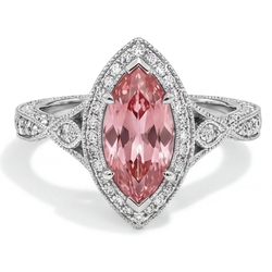 Marquise Padparadscha and White Diamond Halo Ring Natural 14K White Gold