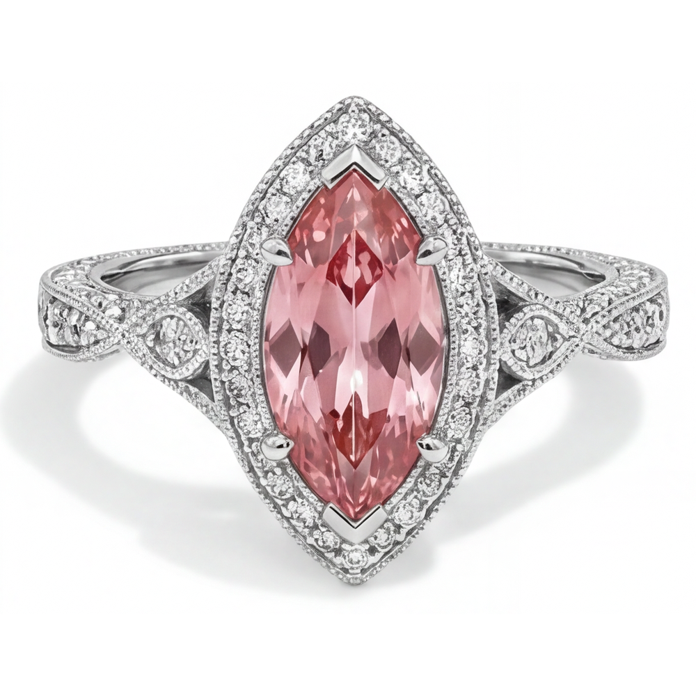 Marquise Padparadscha and White Diamond Halo Ring Natural 14K White Gold