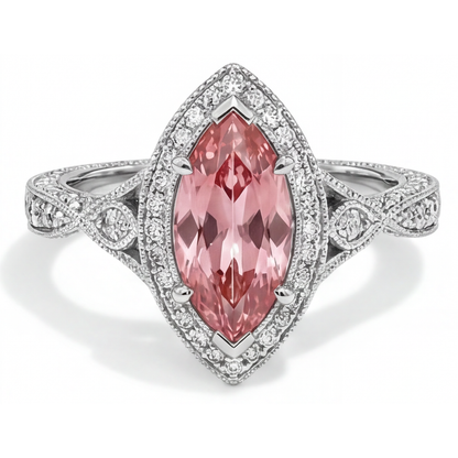Marquise Padparadscha and White Diamond Halo Ring Natural 14K White Gold