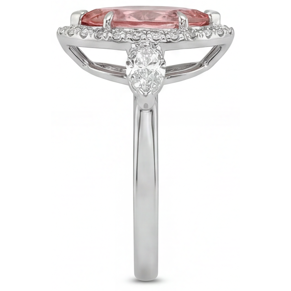Marquise Padparadscha and White Diamond Halo Ring Natural 14K White Gold