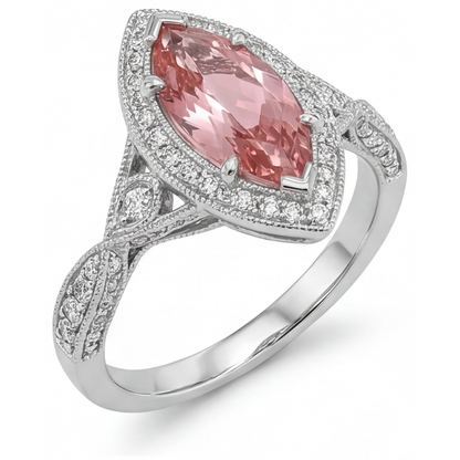 Marquise Padparadscha and White Diamond Halo Ring Natural 14K White Gold