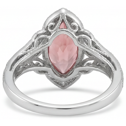 Marquise Padparadscha and White Diamond Halo Ring Natural 14K White Gold