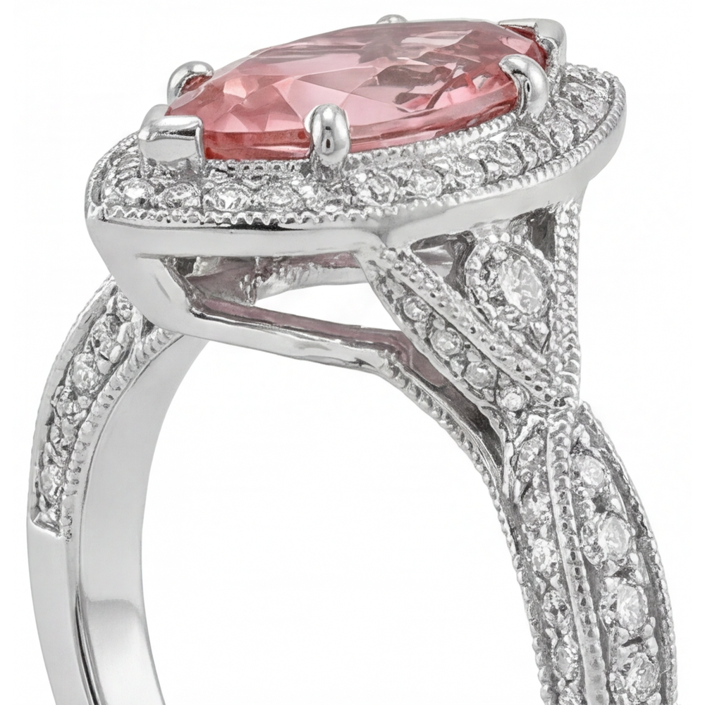 Marquise Padparadscha and White Diamond Halo Ring Natural 14K White Gold