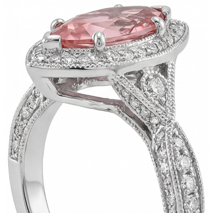 Marquise Padparadscha and White Diamond Halo Ring Natural 14K White Gold