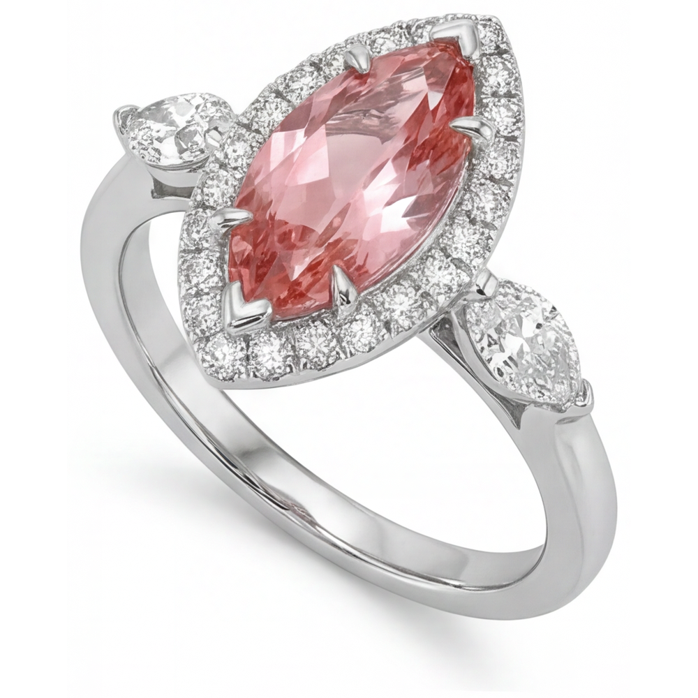 Marquise Padparadscha and White Diamond Halo Ring Natural 14K White Gold
