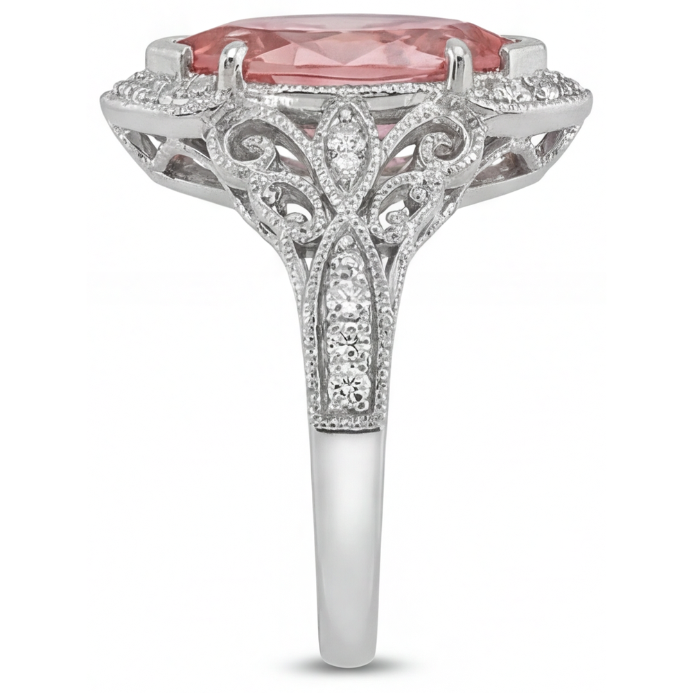 Marquise Padparadscha and White Diamond Halo Ring Natural 14K White Gold