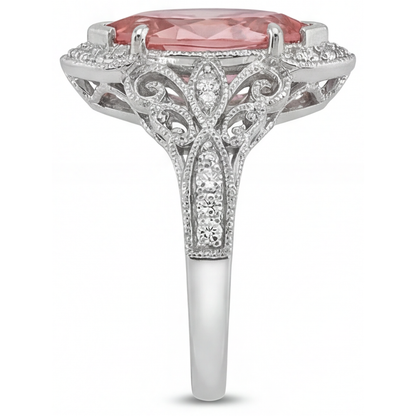 Marquise Padparadscha and White Diamond Halo Ring Natural 14K White Gold