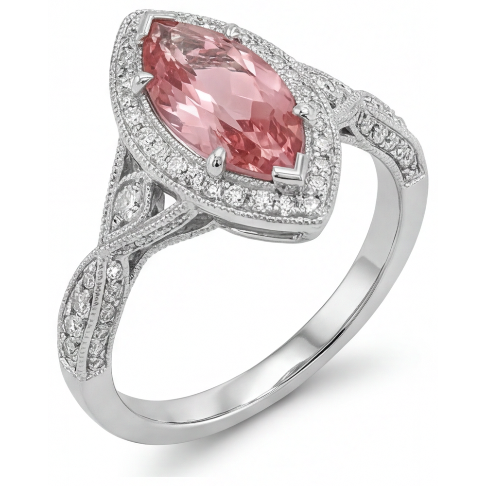 Marquise Padparadscha and White Diamond Halo Ring Natural 14K White Gold