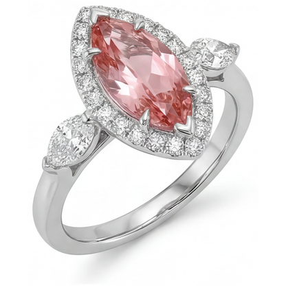 Marquise Padparadscha and White Diamond Halo Ring Natural 14K White Gold