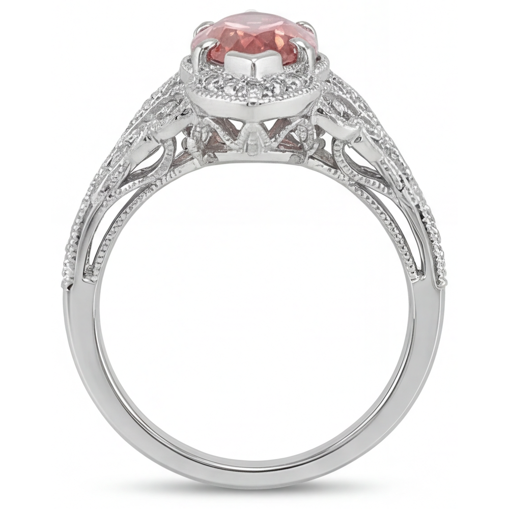 Marquise Padparadscha and White Diamond Halo Ring Natural 14K White Gold