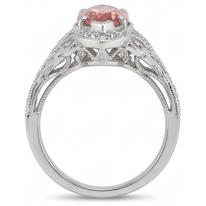 Marquise Padparadscha and White Diamond Halo Ring Natural 14K White Gold