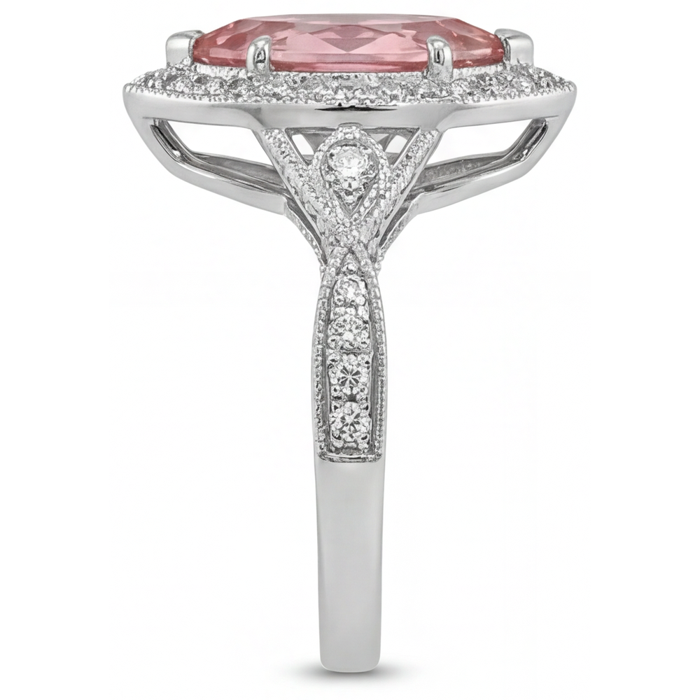 Marquise Padparadscha and White Diamond Halo Ring Natural 14K White Gold