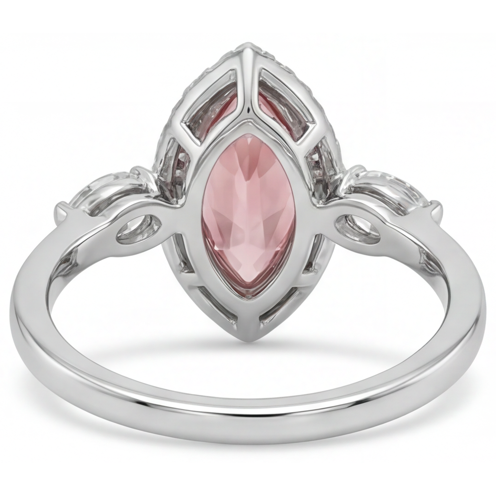 Marquise Padparadscha and White Diamond Halo Ring Natural 14K White Gold