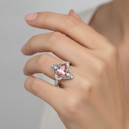 Marquise Padparadscha and White Diamond Halo Ring Natural 14K White Gold