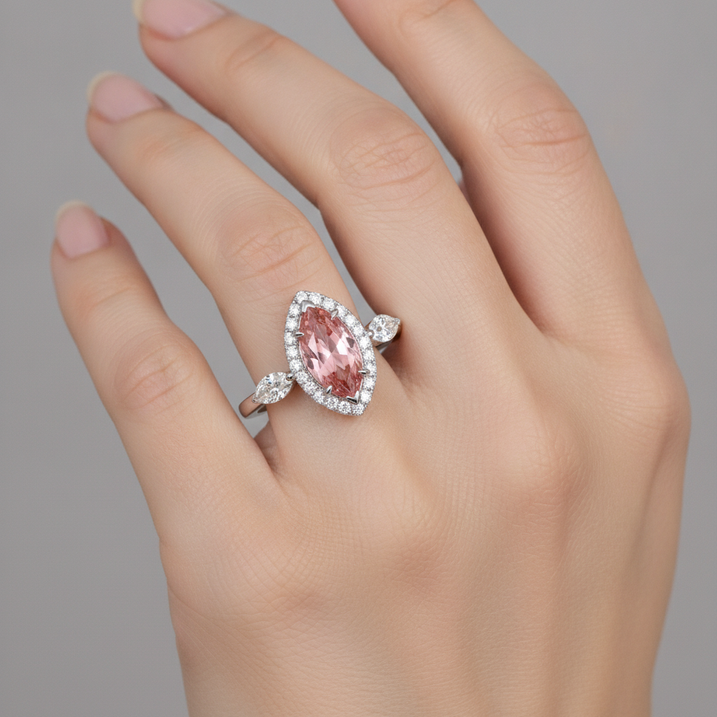 Marquise Padparadscha and White Diamond Halo Ring Natural 14K White Gold