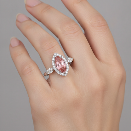 Marquise Padparadscha and White Diamond Halo Ring Natural 14K White Gold