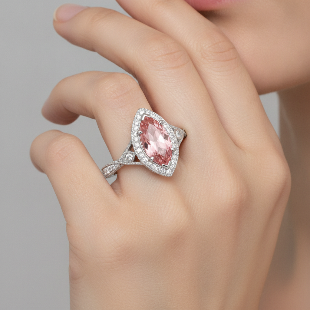 Marquise Padparadscha and White Diamond Halo Ring Natural 14K White Gold