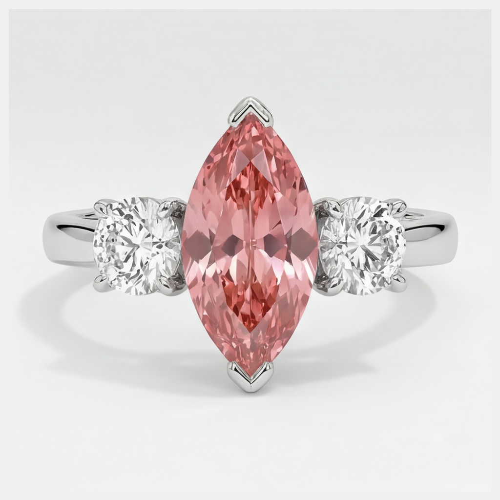 Marquise Padparadscha and White Diamond Three Stone Ring Natural Platinum