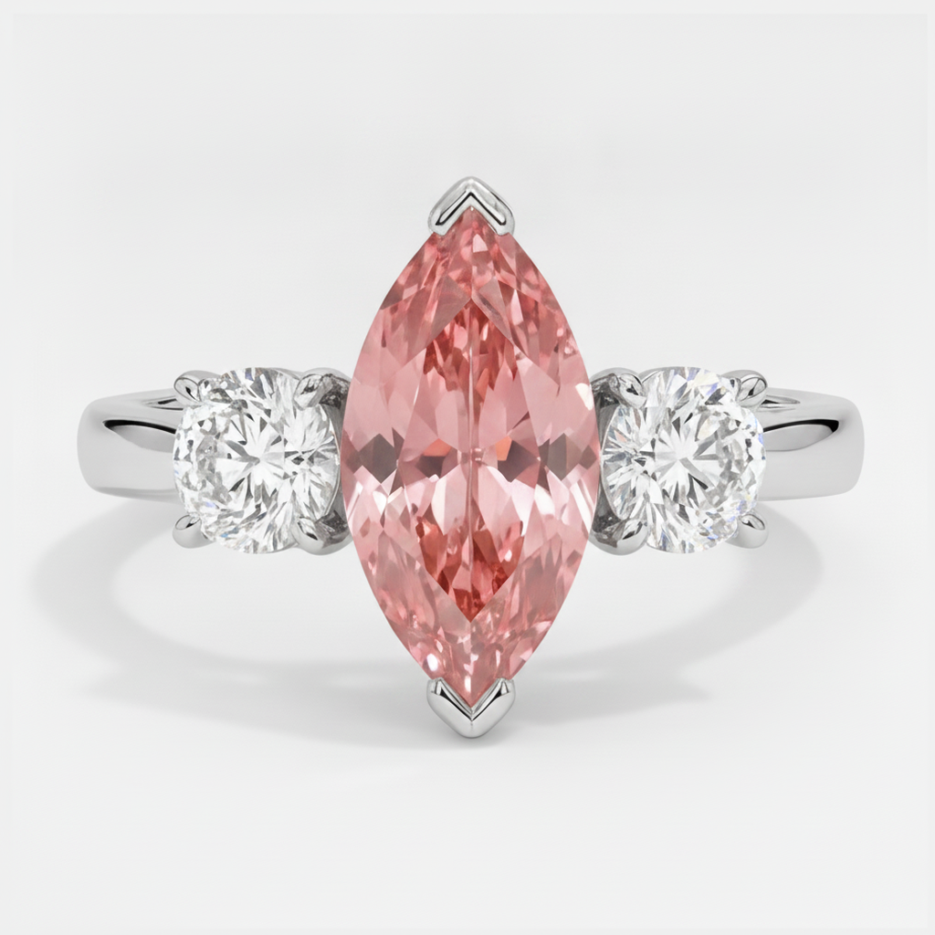 Marquise Padparadscha and White Diamond Three Stone Ring Natural Platinum