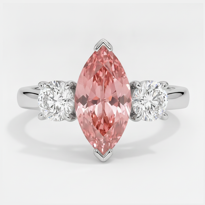 Marquise Padparadscha and White Diamond Three Stone Ring Natural Platinum