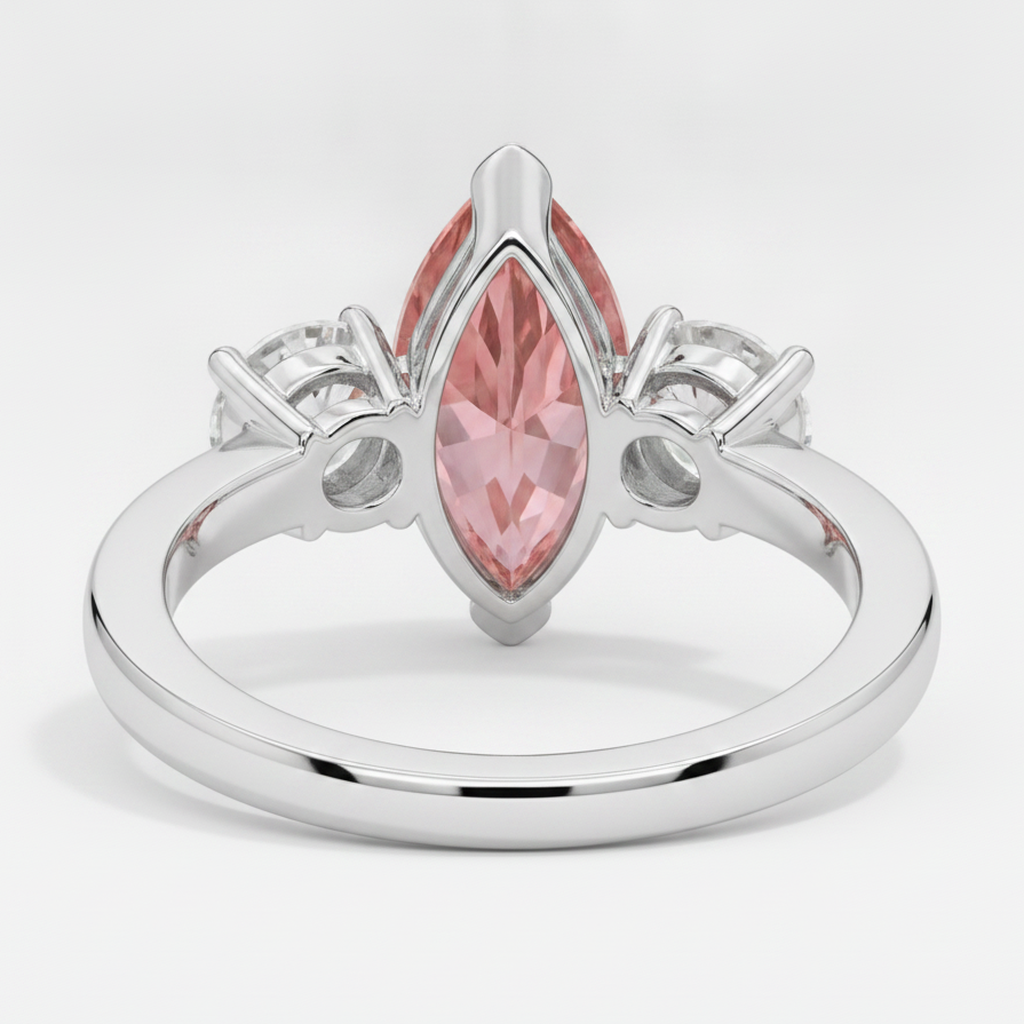 Marquise Padparadscha and White Diamond Three Stone Ring Natural Platinum