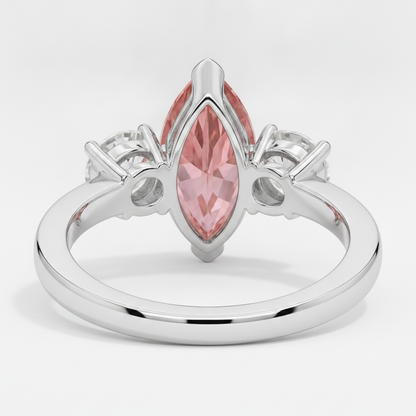 Marquise Padparadscha and White Diamond Three Stone Ring Natural Platinum