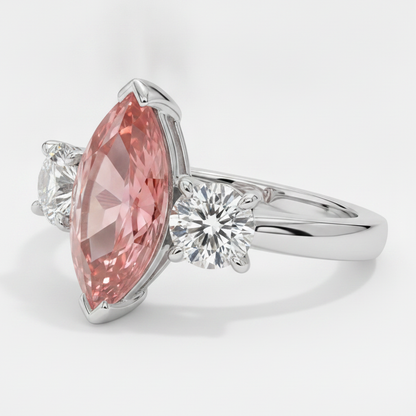 Marquise Padparadscha and White Diamond Three Stone Ring Natural Platinum