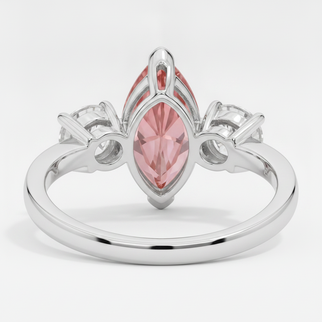 Marquise Padparadscha and White Diamond Three Stone Ring Natural Platinum