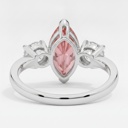 Marquise Padparadscha and White Diamond Three Stone Ring Natural Platinum