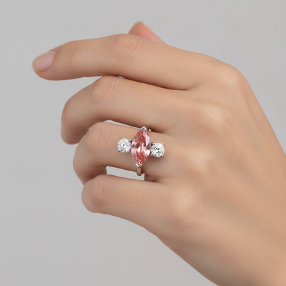 Marquise Padparadscha and White Diamond Three Stone Ring Natural Platinum