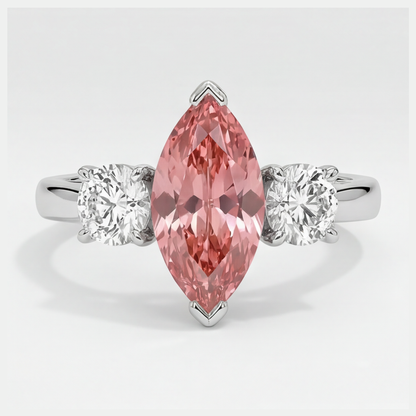 Marquise Padparadscha and White Diamond Three Stone Ring Natural Platinum