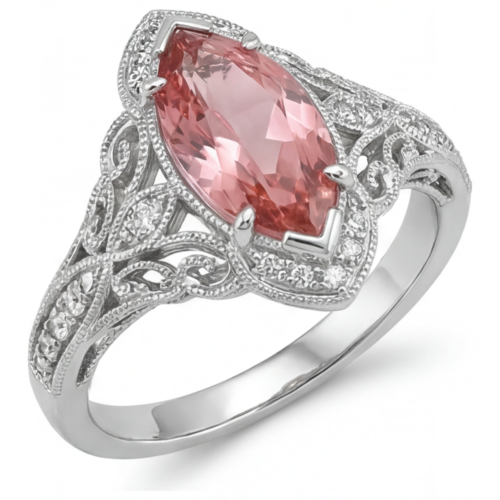 Marquise Padparadscha and White Diamond Halo Ring Natural 14K White Gold