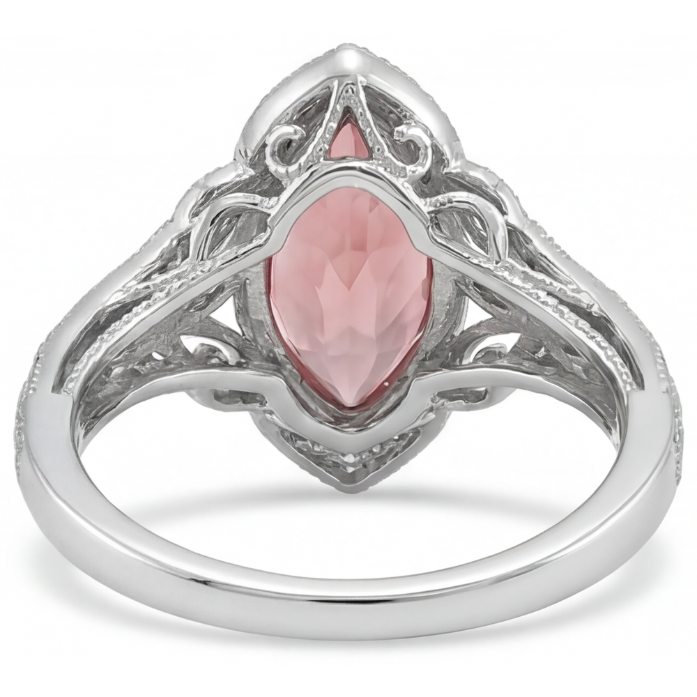 Marquise Padparadscha and White Diamond Halo Ring Natural 14K White Gold