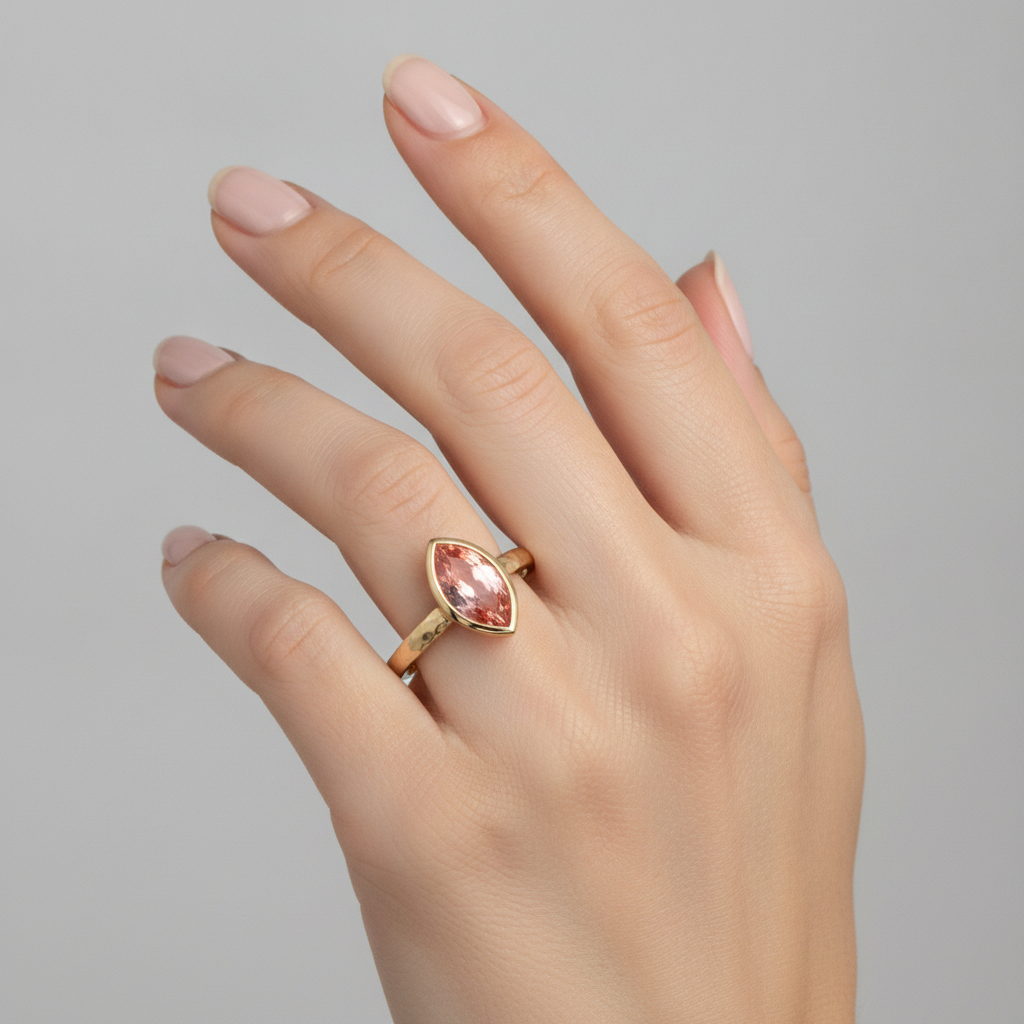 Marquise Padparadscha Bezel Solitaire Ring Natural 14K Yellow Gold