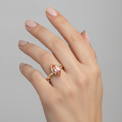 Marquise Padparadscha Bezel Solitaire Ring Natural 14K Yellow Gold