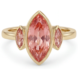 Marquise Padparadscha Bezel Three Stone Ring Natural 14K Yellow Gold