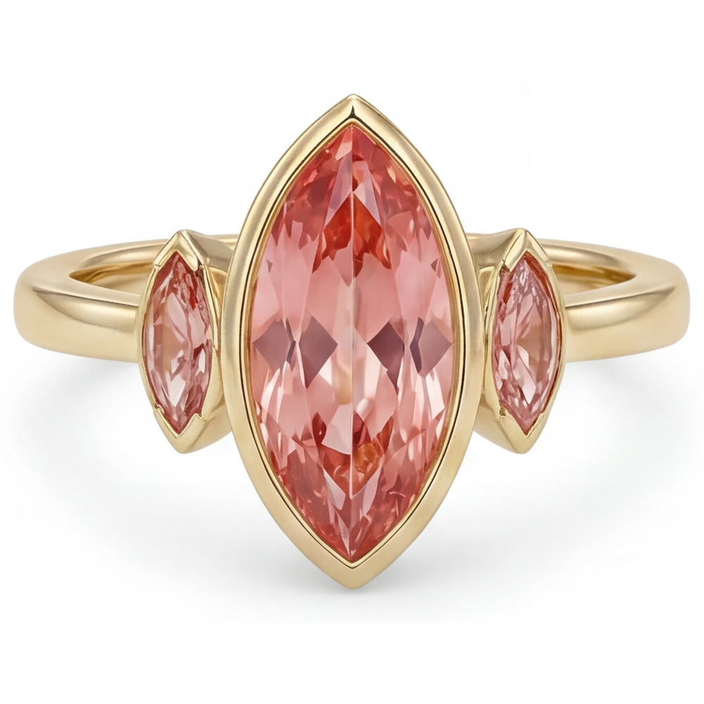 Marquise Padparadscha Bezel Three Stone Ring Natural 14K Yellow Gold