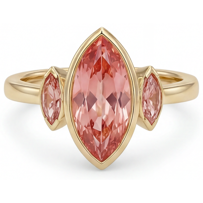 Marquise Padparadscha Bezel Three Stone Ring Natural 14K Yellow Gold