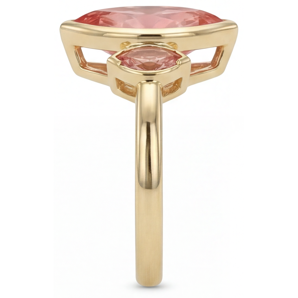 Marquise Padparadscha Bezel Three Stone Ring Natural 14K Yellow Gold